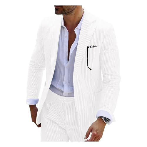 PopEle Mens White Seersucker Slim Fit Suit Grooms Sear Sucker Suit for Fall Wedding - Image 1