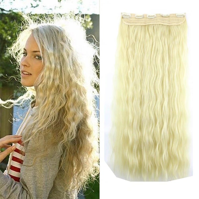 iLUU 613 Bleach Blonde Synthetic Hair Pieces 5 Clips in Corn Wave Hair Extensions 24 110g Long Deep WaveCurlyWavy Heat Resistent Fiber Clip in Hair Extensions for Women