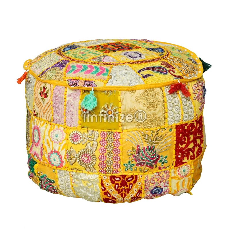 iinfinize iinfinize Decorative Ottoman Pouf Khambadia Round Pouffe Traditional Modern Pouffe Foot Stool Arm Chair Pouf Embroidered Vintage Round Pouf 12x12x12 Inch  - Image 4