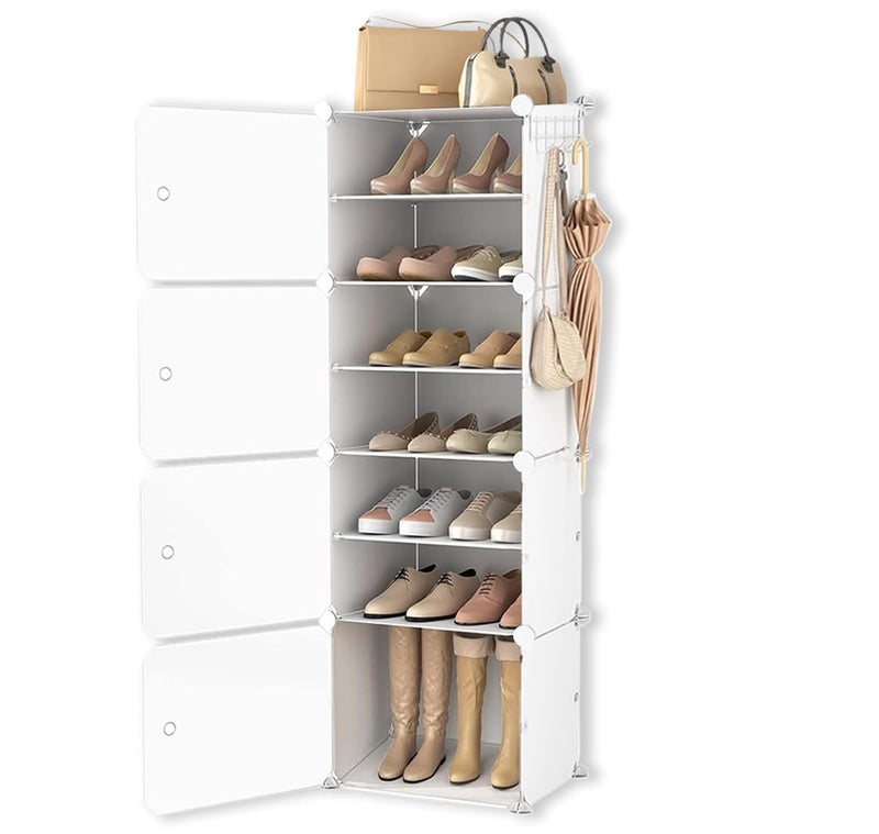 Zemic DIY Shoe Rack Plastic Shoe Rack for Home PP Plastic Shelves Household Shoe Rack with Door Outdoor for HeelsShoes for EntrywayHallwayBedroom Living Room White 8Shelf4Door