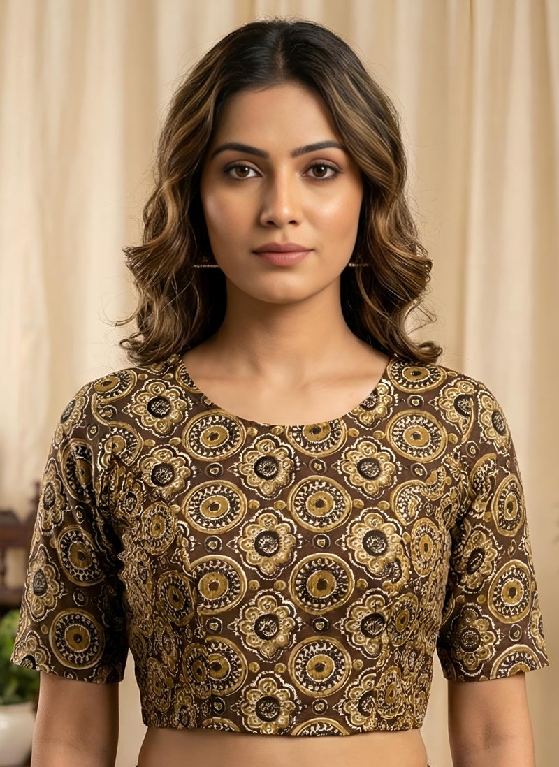 Yash Gallery Women’s Ethnic Printed Cotton Crop Blouse Top with Both Side Bobbin Elastic | Traditional Short Sleeve Ajrakh Patterned Boho Ethnic Wear | Casual & Festive Fashion Blouse for Women - Image 2