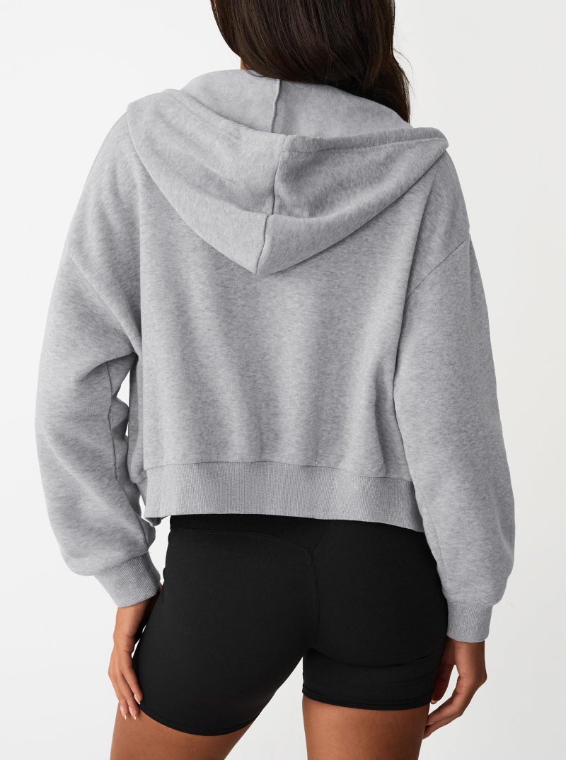 Hilinker Womens Cropped Zip Up Hoodie Drawstring Long Sleeve Crop Hooded Jacket with Pocket Grey Large - Image 2