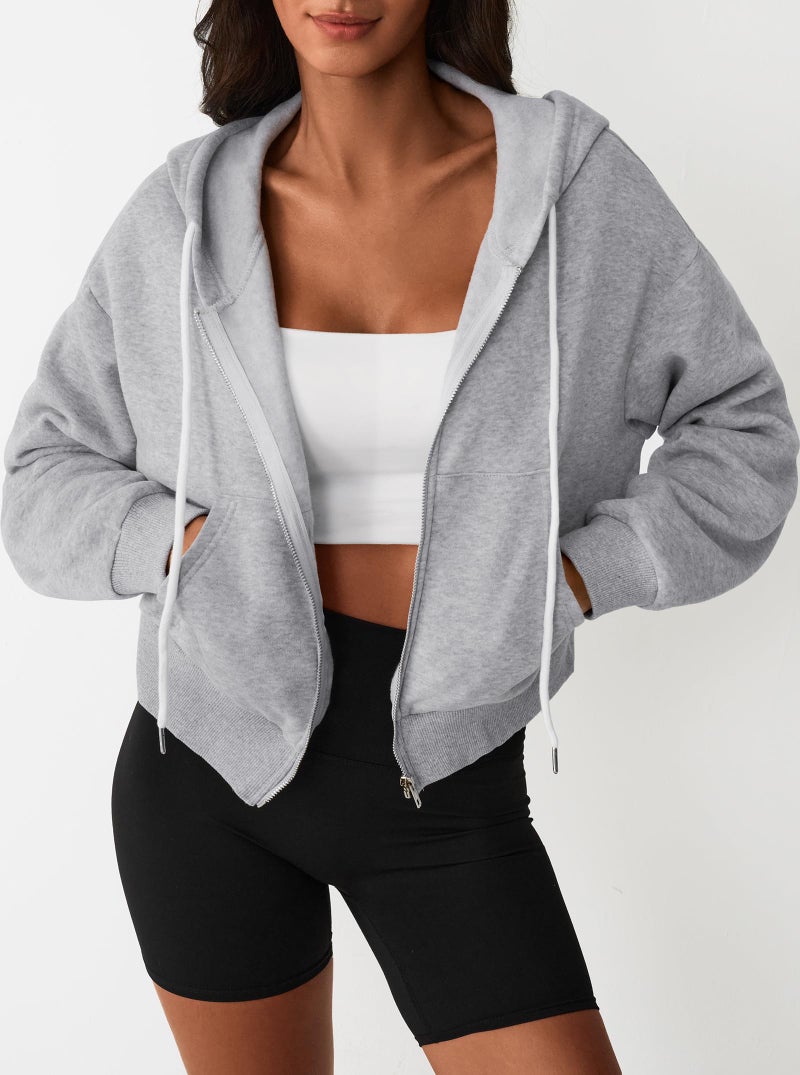 Hilinker Womens Cropped Zip Up Hoodie Drawstring Long Sleeve Crop Hooded Jacket with Pocket Grey Large - Image 4