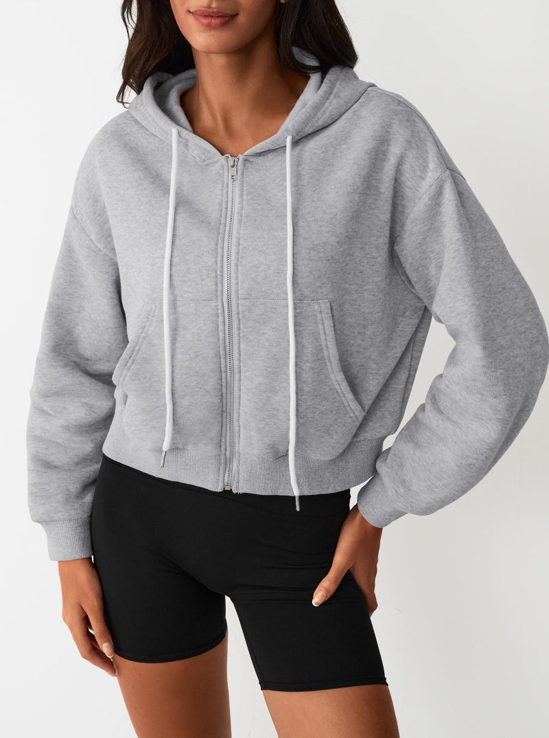 Hilinker Womens Cropped Zip Up Hoodie Drawstring Long Sleeve Crop Hooded Jacket with Pocket Grey Large - Image 5
