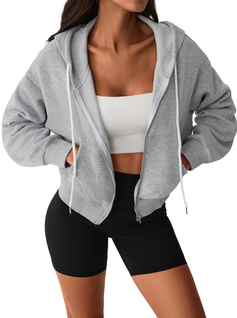 Hilinker Womens Cropped Zip Up Hoodie Drawstring Long Sleeve Crop Hooded Jacket with Pocket Grey Large - Image 1