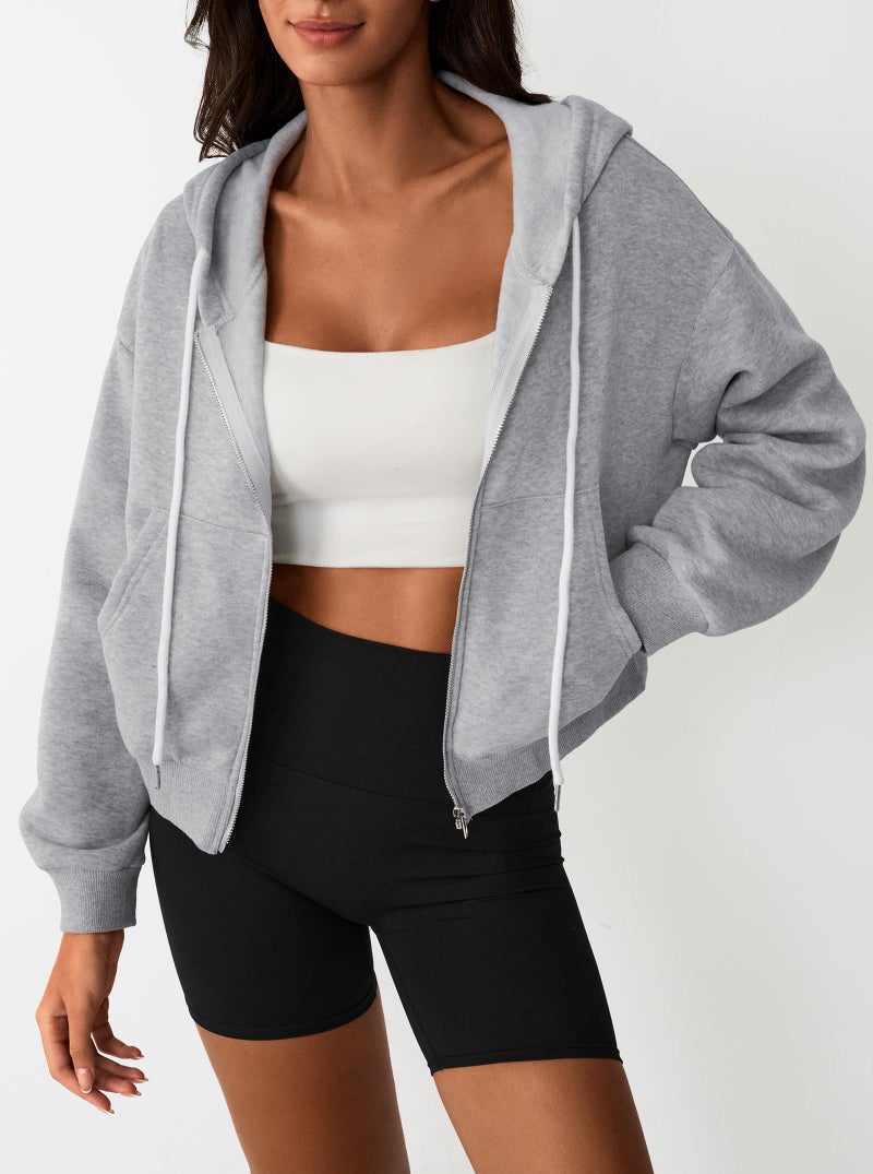 Hilinker Womens Cropped Zip Up Hoodie Drawstring Long Sleeve Crop Hooded Jacket with Pocket Grey Large - Image 3
