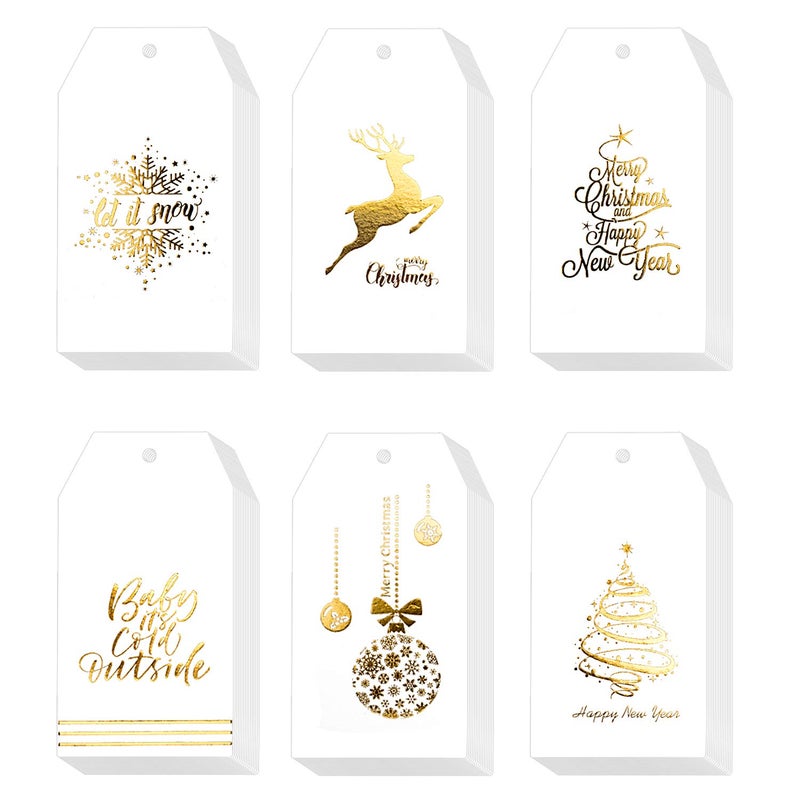 Whaline 120 Pcs Christmas Gold Foil Paper Gift Tags Holiday Hang Name Tags Label with Twine for DIY Xmas Present Happy New Year Party Decoration - Image 3