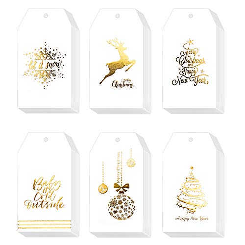 Whaline 120 Pcs Christmas Gold Foil Paper Gift Tags Holiday Hang Name Tags Label with Twine for DIY Xmas Present Happy New Year Party Decoration - Image 2