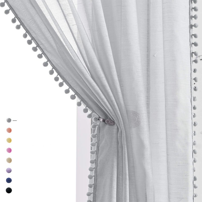 Treatmentex PomPom Grey Sheer Curtains for Canopy in Girls Bedroom 84inches Long Linen Textured Sheer Drapes for Windows 2 pc