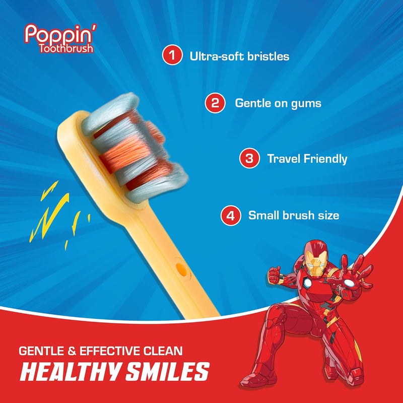 براش باديز فرشاة أسنان Marvel Iron Man للأطفال، شعيرات ناعمة ومستديرة، غطاء مميز على شكل بطل خارق، مقبض سهل الإمساك، تنظيف لطيف للأطفال الصغار والأطفال من عمر 2 سنة فما فوق، مناسبة للسفر، رعاية فموية صحية. - Image 5