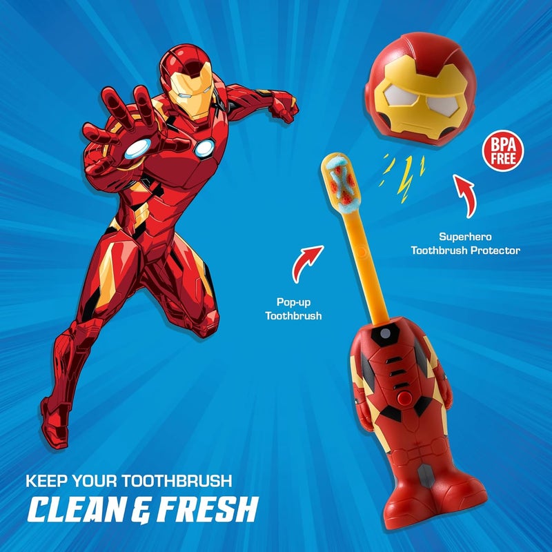 براش باديز فرشاة أسنان Marvel Iron Man للأطفال، شعيرات ناعمة ومستديرة، غطاء مميز على شكل بطل خارق، مقبض سهل الإمساك، تنظيف لطيف للأطفال الصغار والأطفال من عمر 2 سنة فما فوق، مناسبة للسفر، رعاية فموية صحية. - Image 2