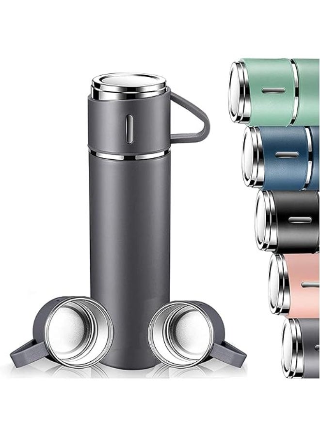 MOSH 500ml Stainless Steel Vacuum Thermos Flask with Silicone Handle – Insulated Water Bottle with 2 Stainless Steel Cups for Hot & Cold Drinks, Outdoor Travel Gift Box (1 Pack, Gray) - Image 1