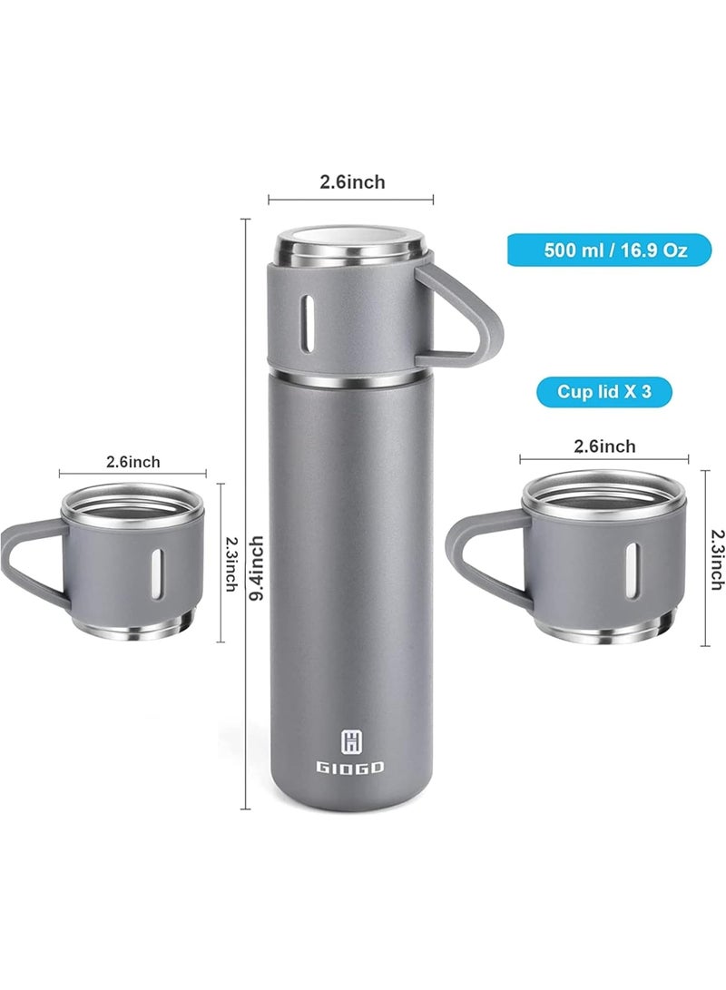 MOSH 500ml Stainless Steel Vacuum Thermos Flask with Silicone Handle – Insulated Water Bottle with 2 Stainless Steel Cups for Hot & Cold Drinks, Outdoor Travel Gift Box (1 Pack, Gray) - Image 2