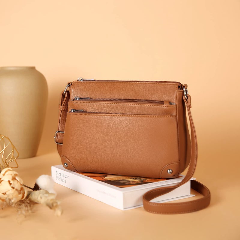 WESTBRONCO Crossbody Bags for Women, Medium Size Shoulder Handbags, Satchel Purse with Multi Zipper Pocket Bright Brown - Image 3