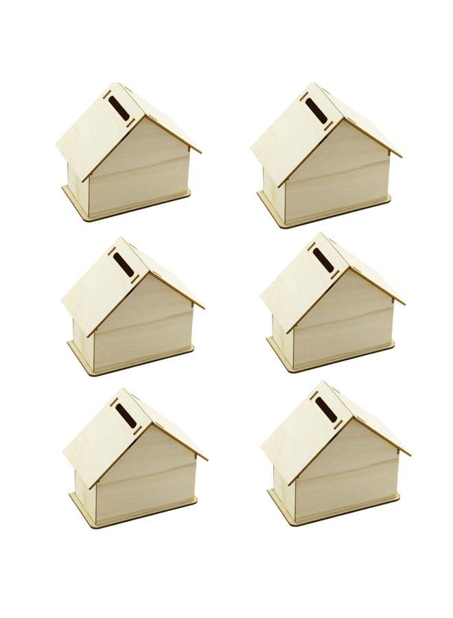 alfyng 6 Pcs DIY Wooden Piggy Bank, Children's Handmade House Coin Bank, Paint and Decorate Assembly House Craft Kits, Fun Unfinished Art Craft Creative Gifts for Kids (4.1"x4.1"x2.2") - Image 1