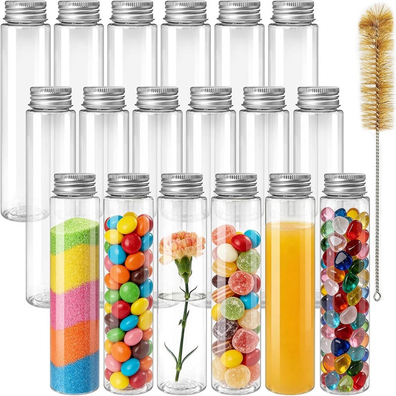 OJYUDD 18 PCS 115ml Clear Plastic Test Tubes,150 x 33mm Flat Test Tube,Plastic Test Tube with Screw Caps and 1 Cleaning Brush for Bath Salt,Candy Storage,Science Party Favors,Wedding Decor - Image 1