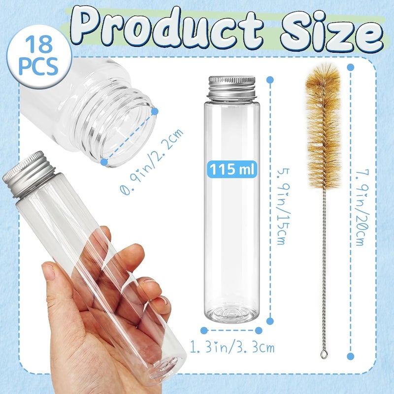 OJYUDD 18 PCS 115ml Clear Plastic Test Tubes,150 x 33mm Flat Test Tube,Plastic Test Tube with Screw Caps and 1 Cleaning Brush for Bath Salt,Candy Storage,Science Party Favors,Wedding Decor - Image 2