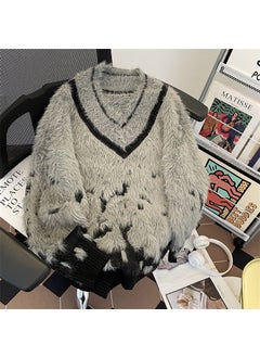 Generic Autumn WinterNiche Mens Knitted Top Vintage Loose-Fit Gradient V-Neck Sweater Jacket Casual Style Faux-Fox Fur Collar White  - Image 2