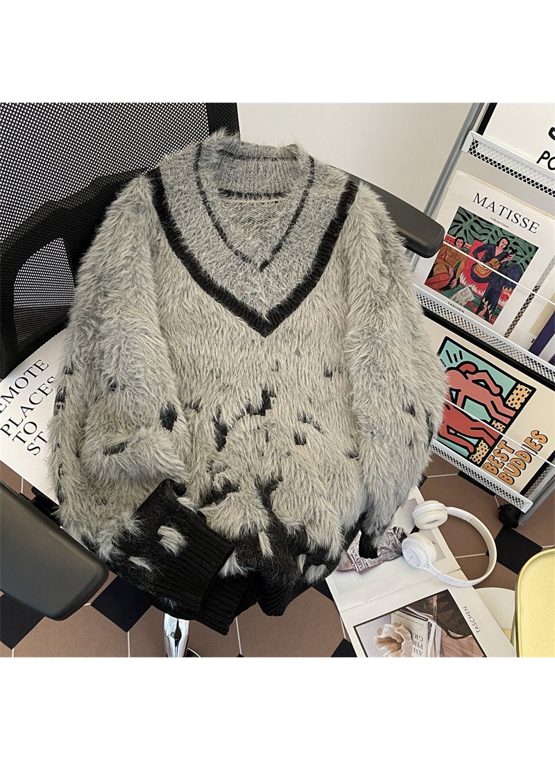 Generic - Autumn WinterNiche Mens Knitted Top Vintage Loose-Fit Gradient V-Neck Sweater Jacket Casual Style Faux-Fox Fur Collar White - Image 1