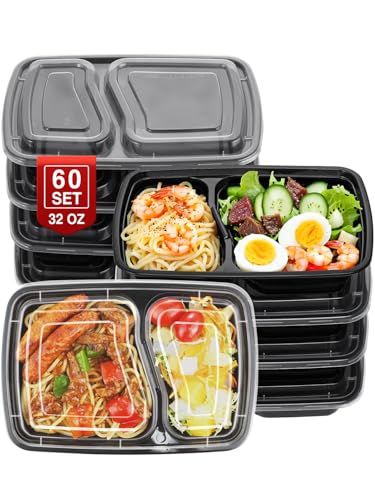NEEBAKE 60 Sets 32oz Meal Prep Containers 2 Compartment Plastic Food Storage Containers 2 Compartments with Lids