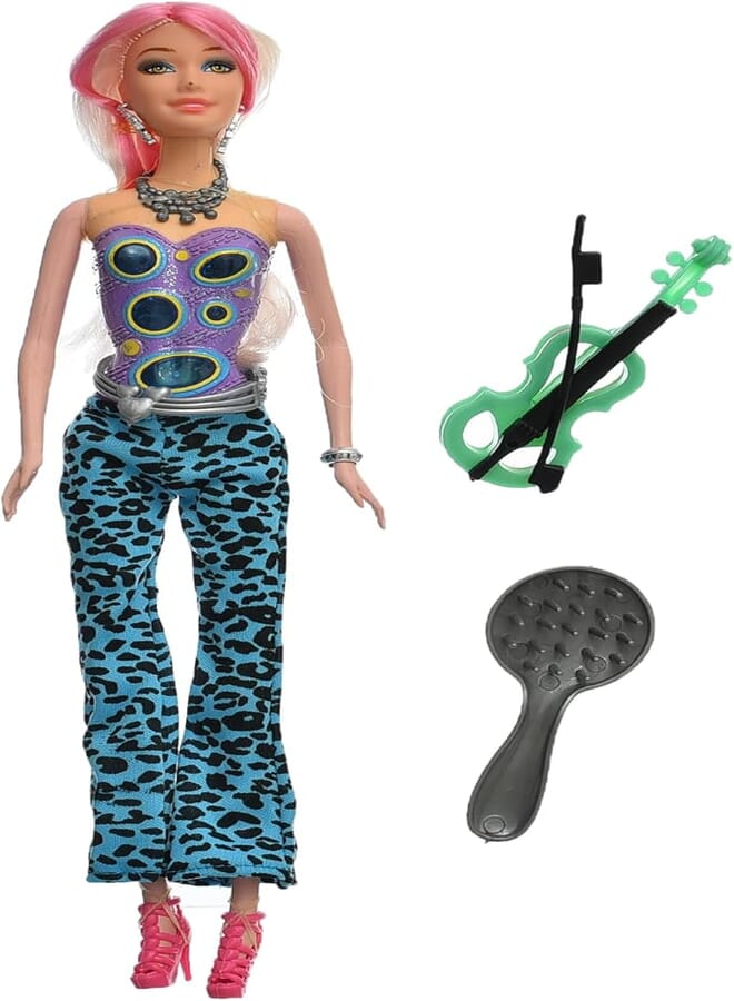 Generic Plastic Medium Doll To Add More Fun With Microphone and Guitar Set Of 5 Pieces For Girl - Multi Color 