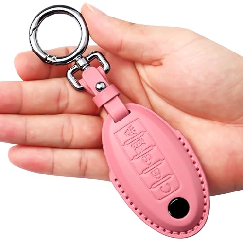 Tukellen for Nissan Leather Key Fob Cover with Keychain Compatible with Altima Pathfinder Armada Murano Maxima Rogue Infinity Smart Remote, Genuine Leather Case For Nissan 5 Button Smart Key-Pink - Image 1