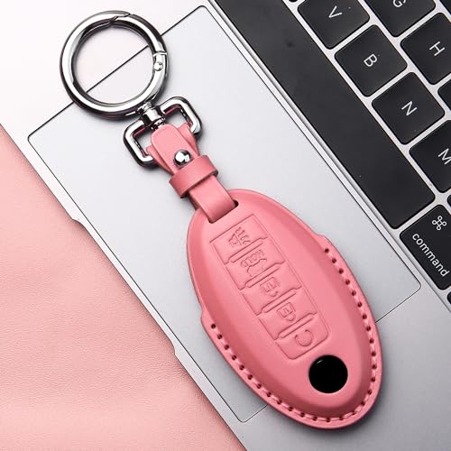 Tukellen for Nissan Leather Key Fob Cover with Keychain Compatible with Altima Pathfinder Armada Murano Maxima Rogue Infinity Smart Remote, Genuine Leather Case For Nissan 5 Button Smart Key-Pink - Image 5