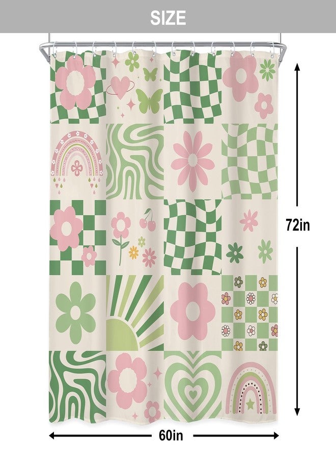 Newsely Retro Cute Green Pink Flower Shower Curtain 60Wx72H Inch Abstract 70s Danish Pastel Checkered Aesthetic Rainbow Groovy Bathroom Set Girls Waterproof Bath Decoration Accessories Home Decor - Image 5