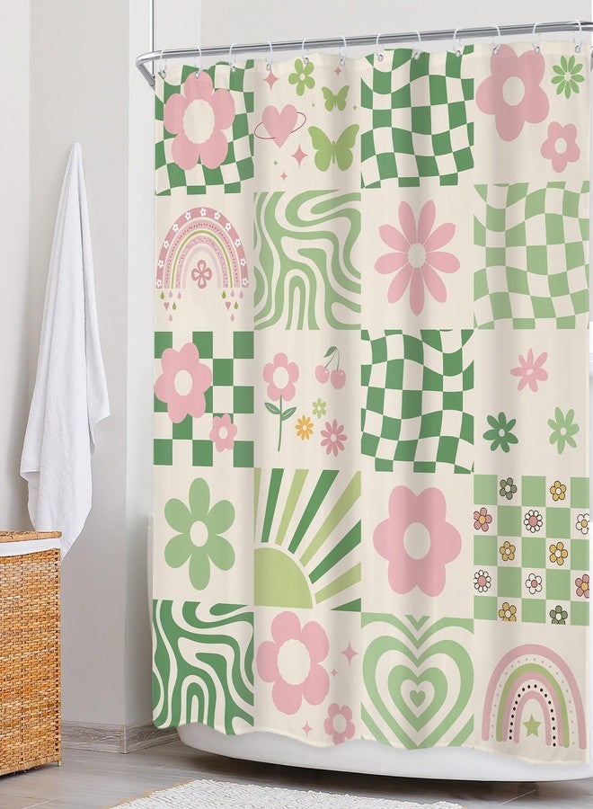 Newsely Retro Cute Green Pink Flower Shower Curtain 60Wx72H Inch Abstract 70s Danish Pastel Checkered Aesthetic Rainbow Groovy Bathroom Set Girls Waterproof Bath Decoration Accessories Home Decor - Image 3