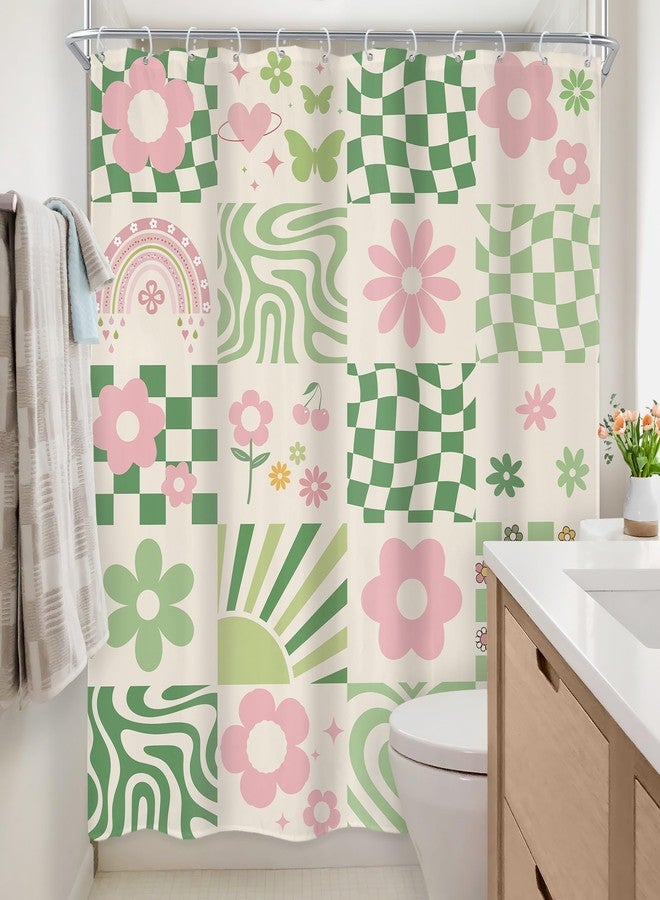 Newsely Retro Cute Green Pink Flower Shower Curtain 60Wx72H Inch Abstract 70s Danish Pastel Checkered Aesthetic Rainbow Groovy Bathroom Set Girls Waterproof Bath Decoration Accessories Home Decor - Image 4