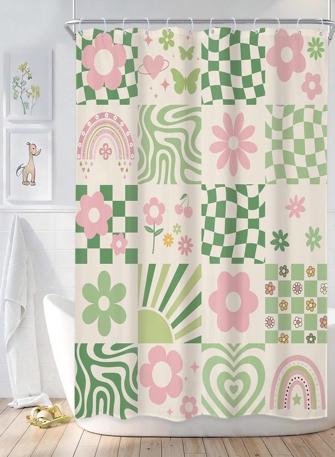 Newsely Retro Cute Green Pink Flower Shower Curtain 60Wx72H Inch Abstract 70s Danish Pastel Checkered Aesthetic Rainbow Groovy Bathroom Set Girls Waterproof Bath Decoration Accessories Home Decor - Image 1