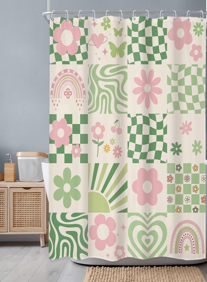 Newsely Retro Cute Green Pink Flower Shower Curtain 60Wx72H Inch Abstract 70s Danish Pastel Checkered Aesthetic Rainbow Groovy Bathroom Set Girls Waterproof Bath Decoration Accessories Home Decor - Image 2