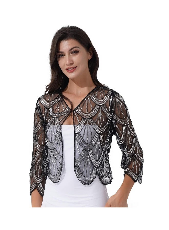 Women 1920s Sequined Shawl Wraps, Long Sleeve Evening Cape Flapper Bolero Shrug, Women's Sequin Beaded Art Deco Vintage Shawl Bolero Wraps - Image 1