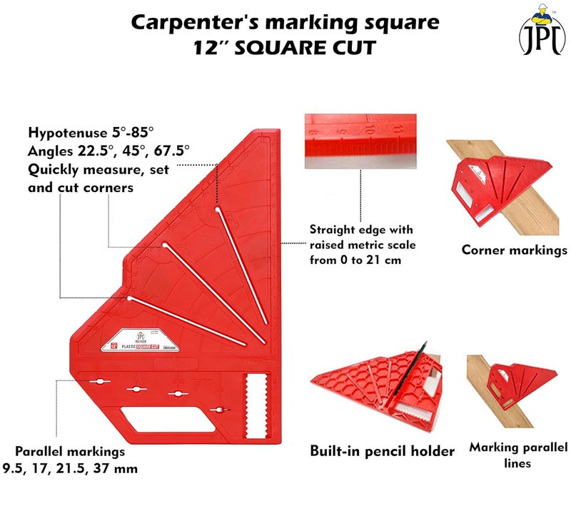 JPT 22.5°, 45°, 67.5° Multi-Angle Measuring Carpenter Square Marking Tool | ABS Plastic Build | High Precision Angle Guide | Built-in Pencil Holder | For Carpentry, Woodworking, Construction - Image 2