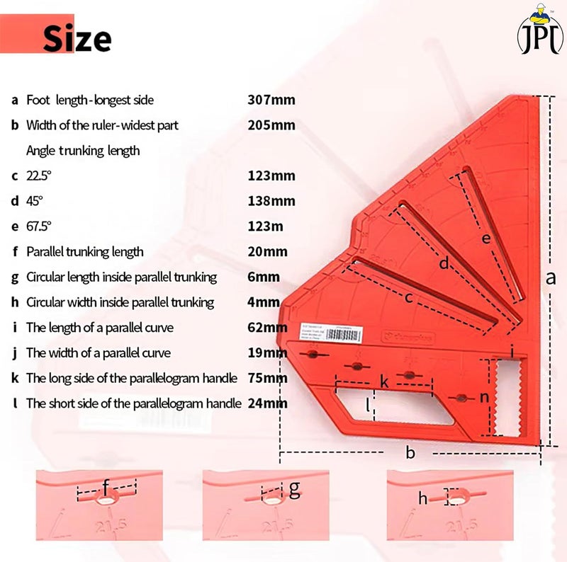 JPT 22.5°, 45°, 67.5° Multi-Angle Measuring Carpenter Square Marking Tool | ABS Plastic Build | High Precision Angle Guide | Built-in Pencil Holder | For Carpentry, Woodworking, Construction - Image 5