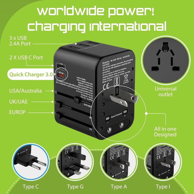 2Buds GEN 4 355W 6 in 1 International Travel Adapter with Universal Adapter Plug Socket 2 x USBC Ports 3 x USBA with 1 PD 8A Dual Fuse US UK Europe Worldwide Travel Adapter - Image 3
