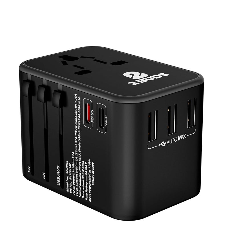 2Buds GEN 4 355W 6 in 1 International Travel Adapter with Universal Adapter Plug Socket 2 x USBC Ports 3 x USBA with 1 PD 8A Dual Fuse US UK Europe Worldwide Travel Adapter - Image 1