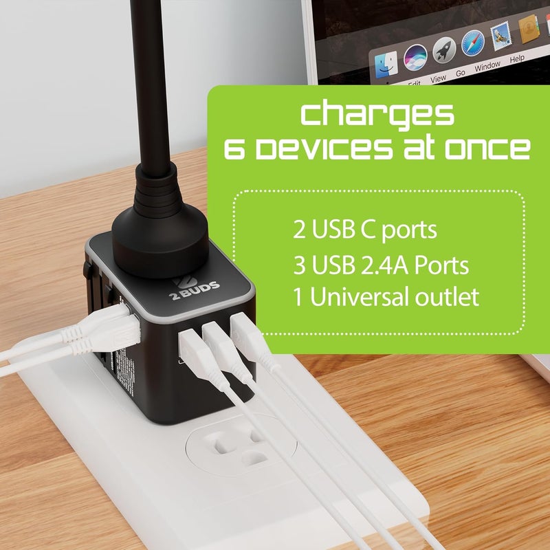 2Buds GEN 4 355W 6 in 1 International Travel Adapter with Universal Adapter Plug Socket 2 x USBC Ports 3 x USBA with 1 PD 8A Dual Fuse US UK Europe Worldwide Travel Adapter - Image 4
