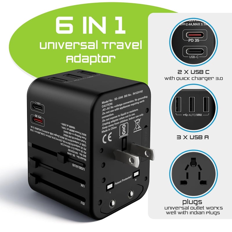 2Buds GEN 4 355W 6 in 1 International Travel Adapter with Universal Adapter Plug Socket 2 x USBC Ports 3 x USBA with 1 PD 8A Dual Fuse US UK Europe Worldwide Travel Adapter - Image 2