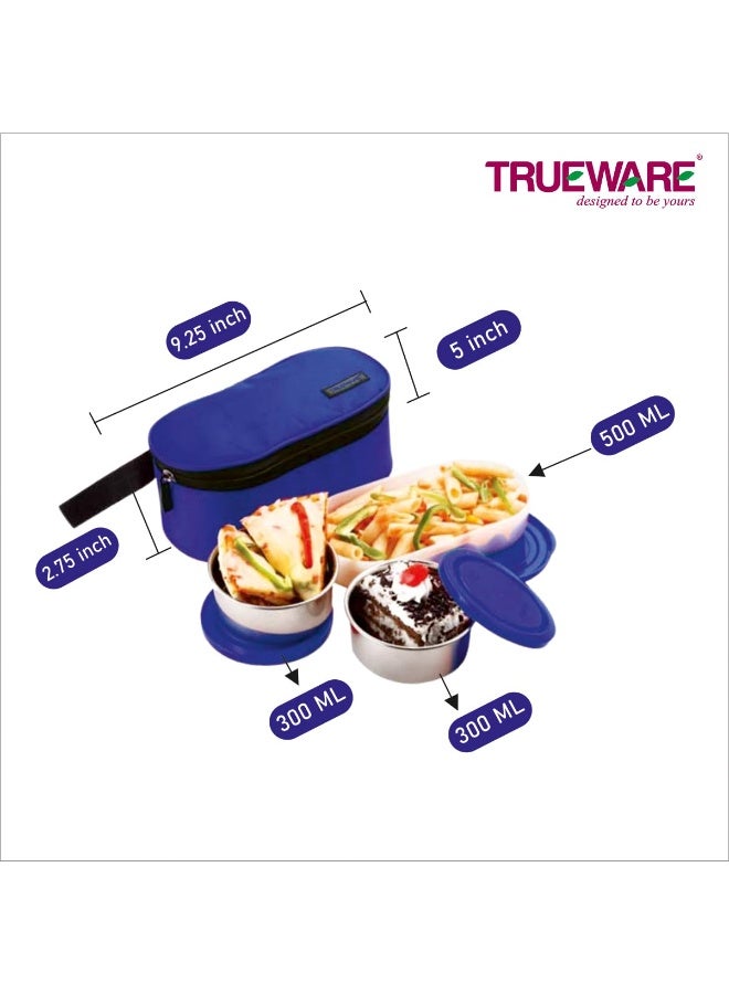 Trueware Eco Fresh 2+1 Lunch Box with 3 Container,300 ML X 2, 500 ML X 1 | Blue | Lunch Box | Tiffin | Leak Proof |Easy to Carry | Food Grade| BPA Free| Stainless Steel Dabbi | Office - Image 3