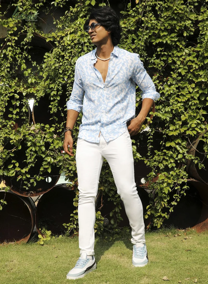 Campus Sutra Men's EcoLiva White & Blue Water Strokes Shirt