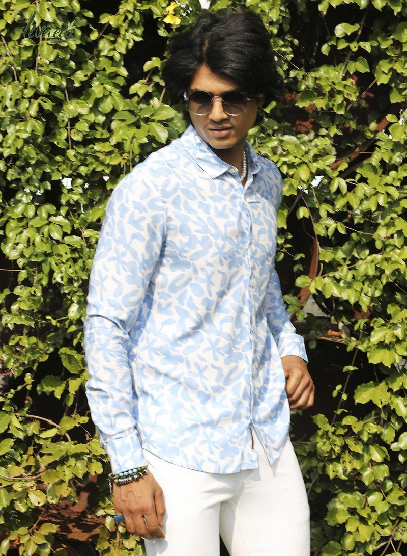 Campus Sutra Men's EcoLiva White & Blue Water Strokes Shirt