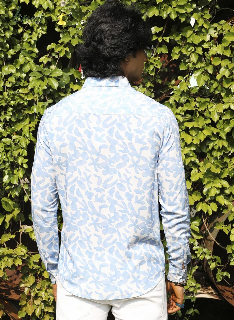 Campus Sutra Men's EcoLiva White & Blue Water Strokes Shirt
