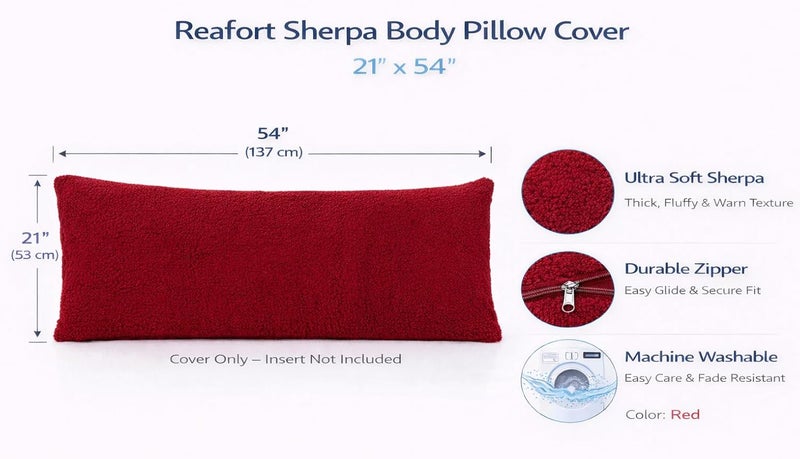 Reafort Ultra Soft Sherpa Body Pillow Cover/Case with Zipper Closure 21"x54" (21"x54" Body Pillow Cover, Red) - Image 2