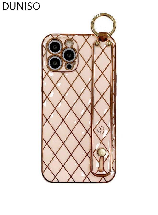 DUNISO For iPhone 14 Pro Case Soft TPU Gold Bumper with Adjustable Wristband Kickstand Case Slim Thin Anti-Scratch Shockproof Full Camera Lens Protective Cover for Women - Image 1