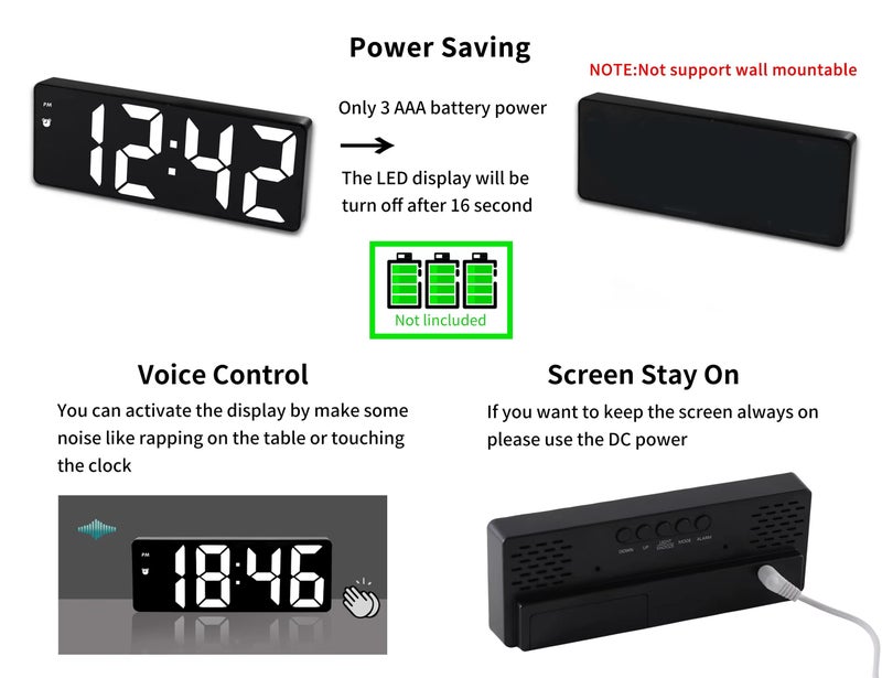 IOJBKI Digital Alarm Clock for Bedroom,Mirror Surface LED Electronic Clocks,Adjustable Brightness, Snooze Model,Voice Control,12/24H Display,Alarm Clock for Kids,Office,Table,Nightstand-White - Image 2