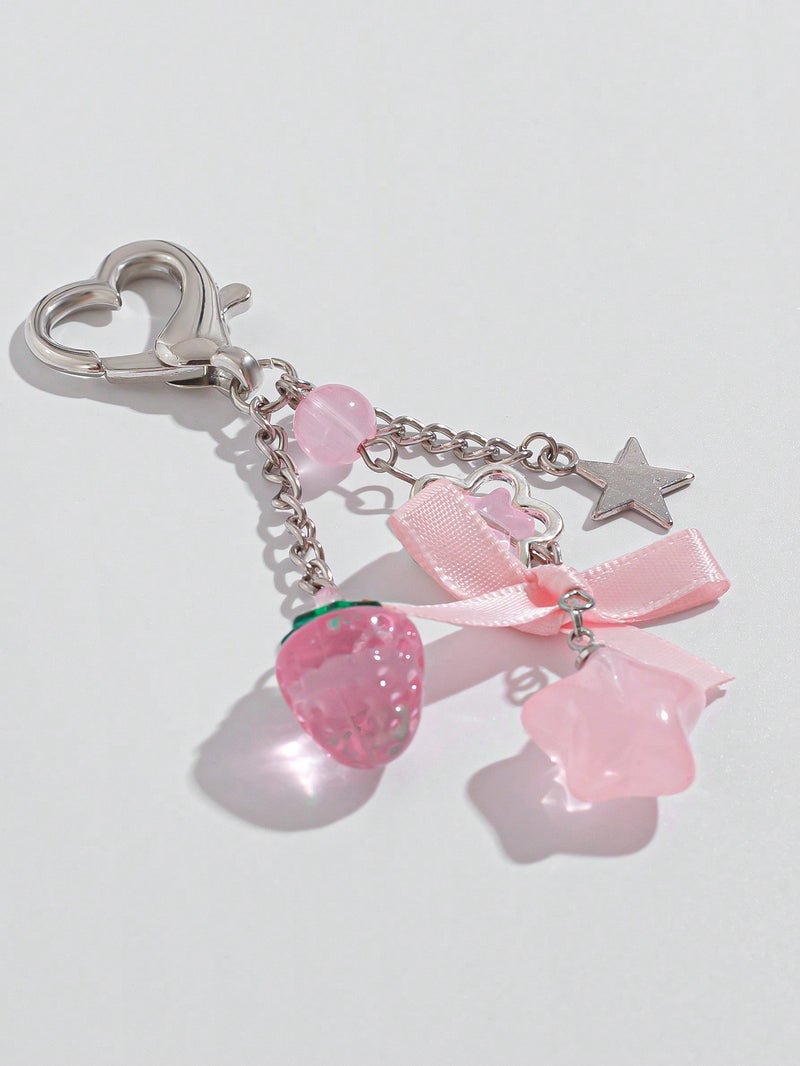 Cute Pink Strawberry & Star Bow Keychain Bag Charm for Girls - Image 3