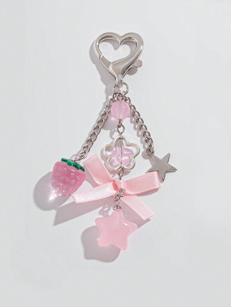 Cute Pink Strawberry & Star Bow Keychain Bag Charm for Girls - Image 1