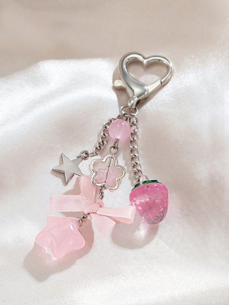 Cute Pink Strawberry & Star Bow Keychain Bag Charm for Girls - Image 2
