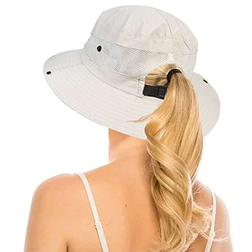 Vikodah Womens Summer Quick-Dry-Sun-Hat Outdoor - Mesh Wide Brim UV-Protection Beach Fishing Hat with Ponytail Hole Foldable Beige - Image 1